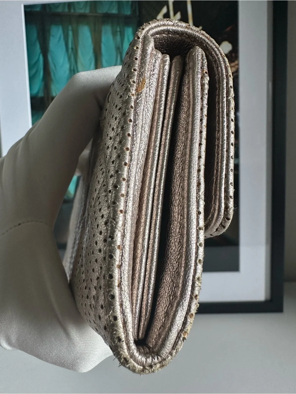 CHANEL Metallic Champagne Perforated Quilted Long Wallet + Unbranded WOC Kit